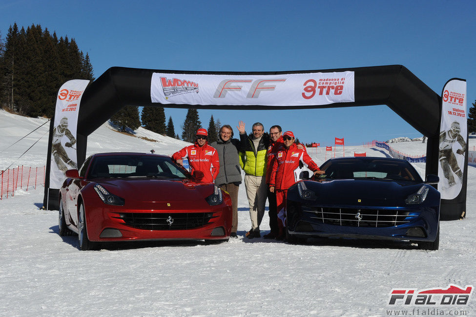 Alonso, Massa, Montezemolo y Domenicali listos para el reto con los Ferrari FF