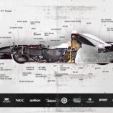 Diagrama del BMW Sauber F1.08 cortado por la mitad