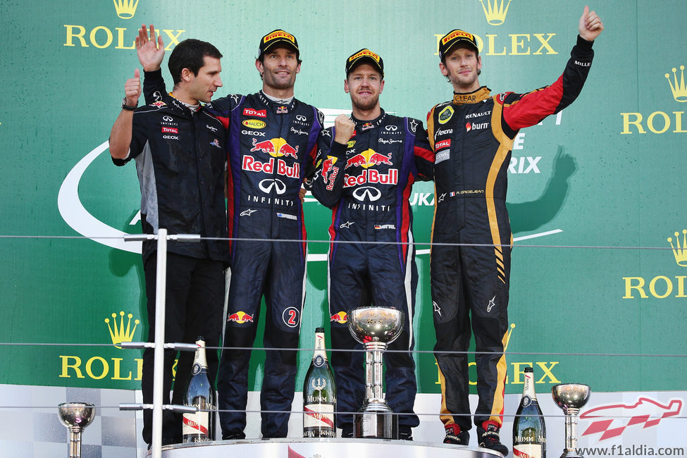 Sebastian Vettel, Mark Webber y Romain Grosjean en el podio